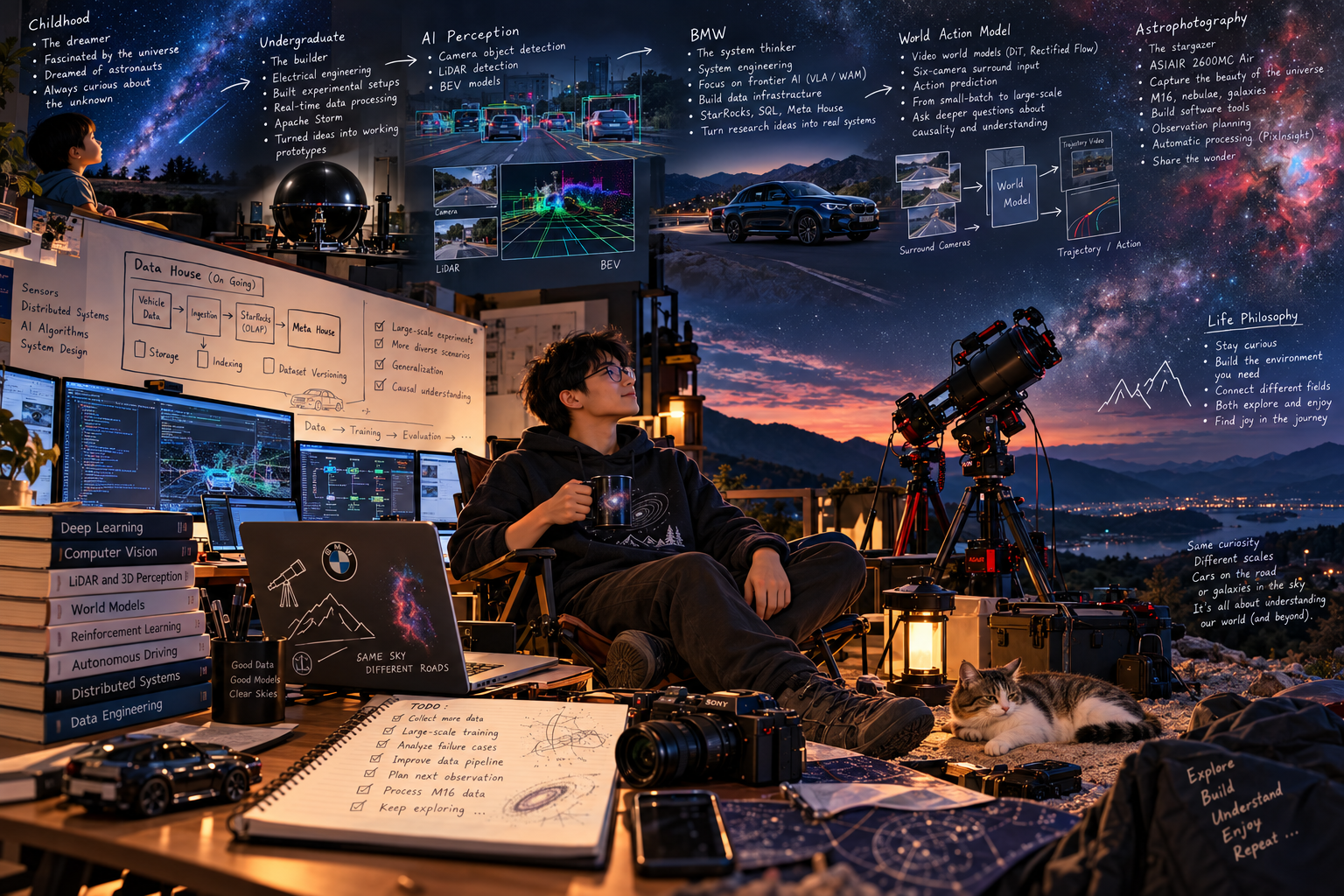 An illustrated journey from childhood curiosity through autonomous driving to astrophotography, all under the same night sky.